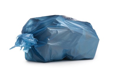 Full light blue garbage bag isolated on white