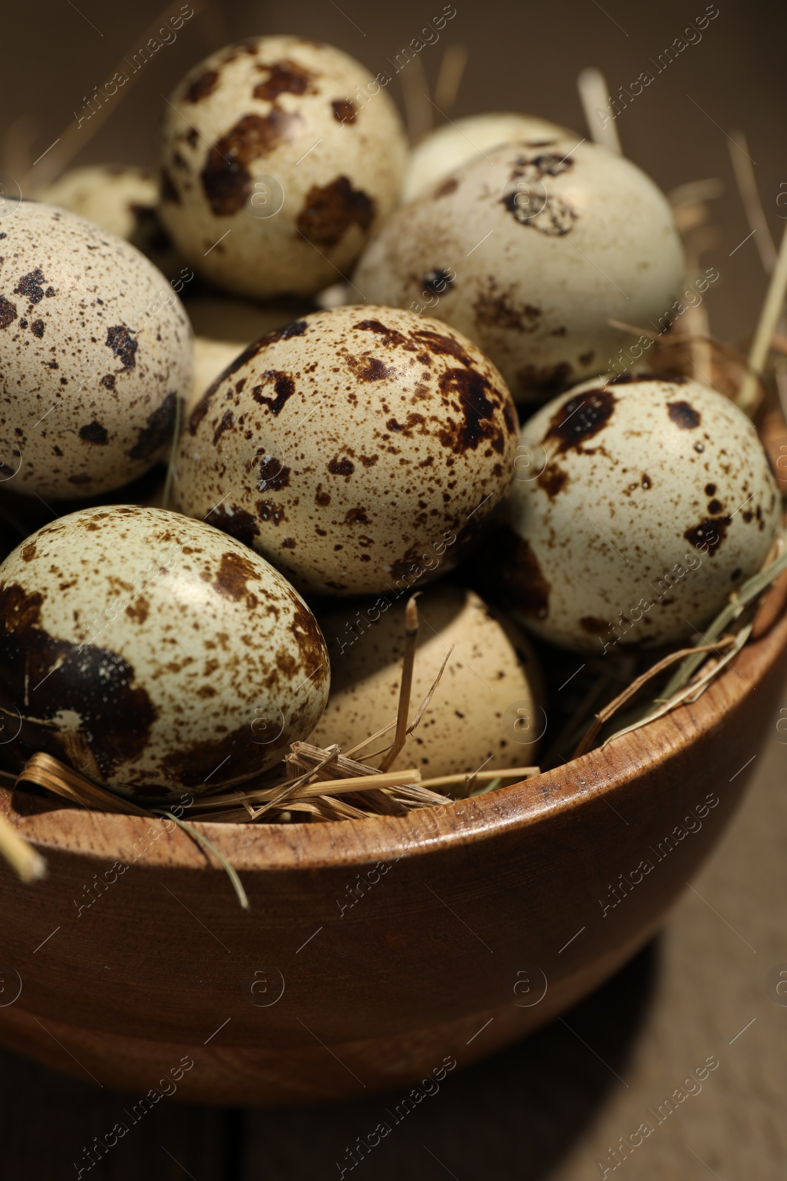 Photo of Wooden bowl with quail eggs and straw on table, closeup