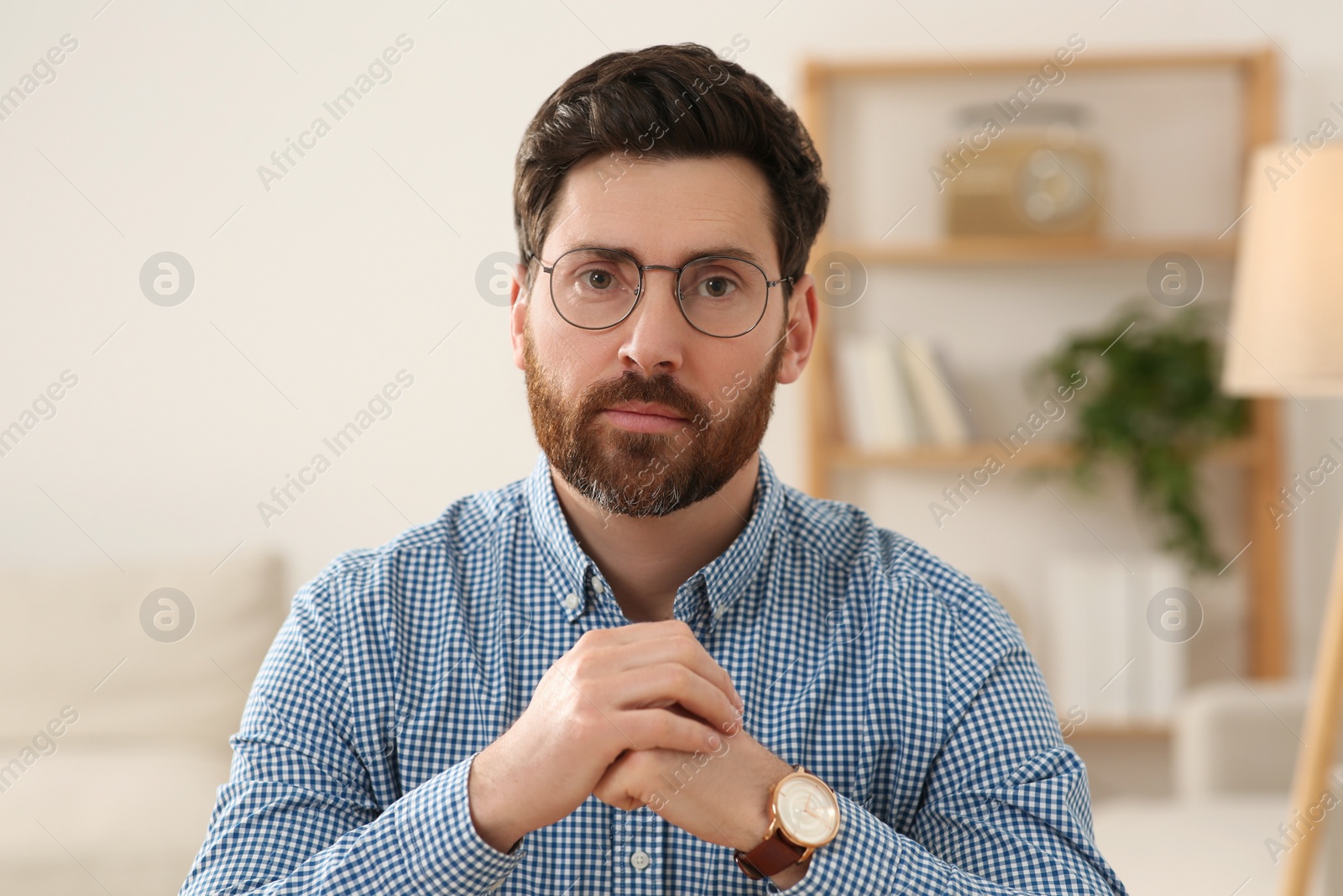 Photo of Man having video call at home, view from web camera