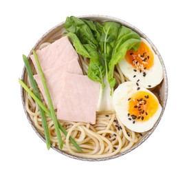 Photo of Bowl of delicious ramen with meat isolated on white, top view. Noodle soup