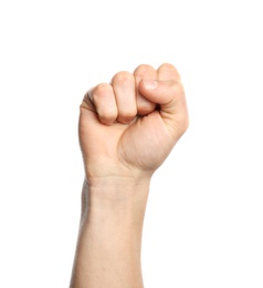 Photo of Man showing S letter on white background, closeup. Sign language