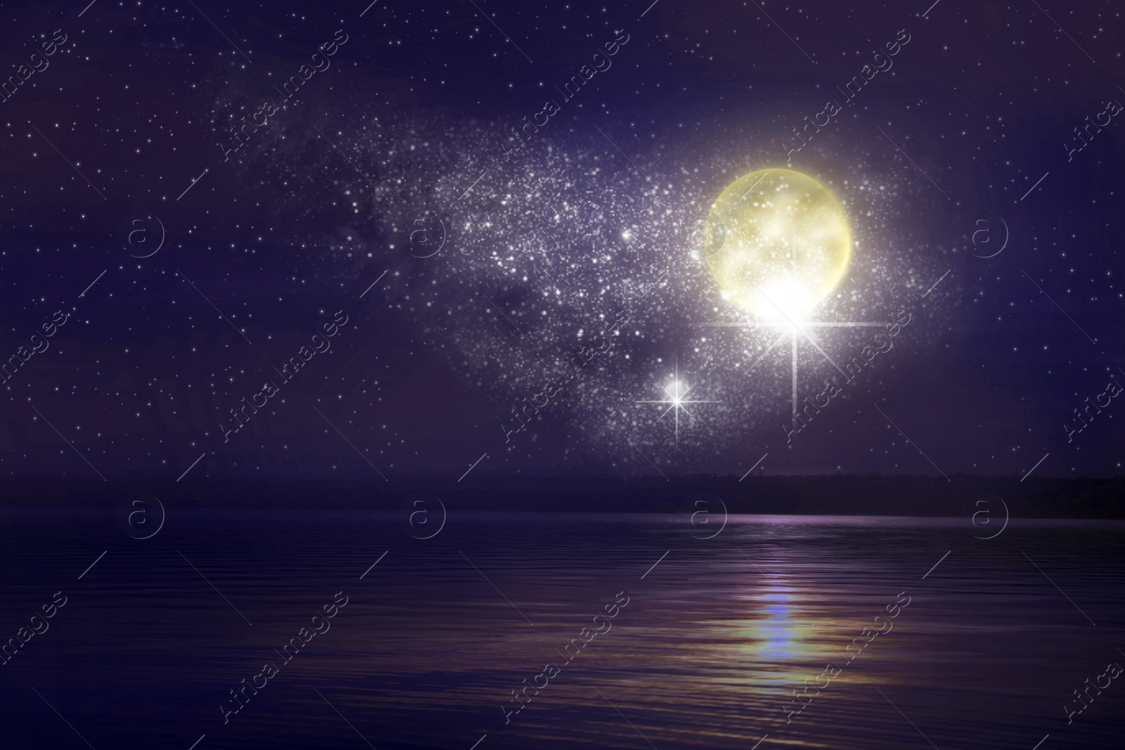 Image of Beautiful full moon in starry sky over sea at night