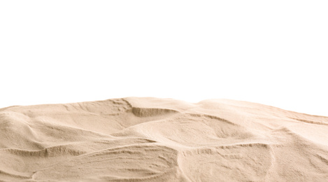 Photo of Heap of dry beach sand on white background