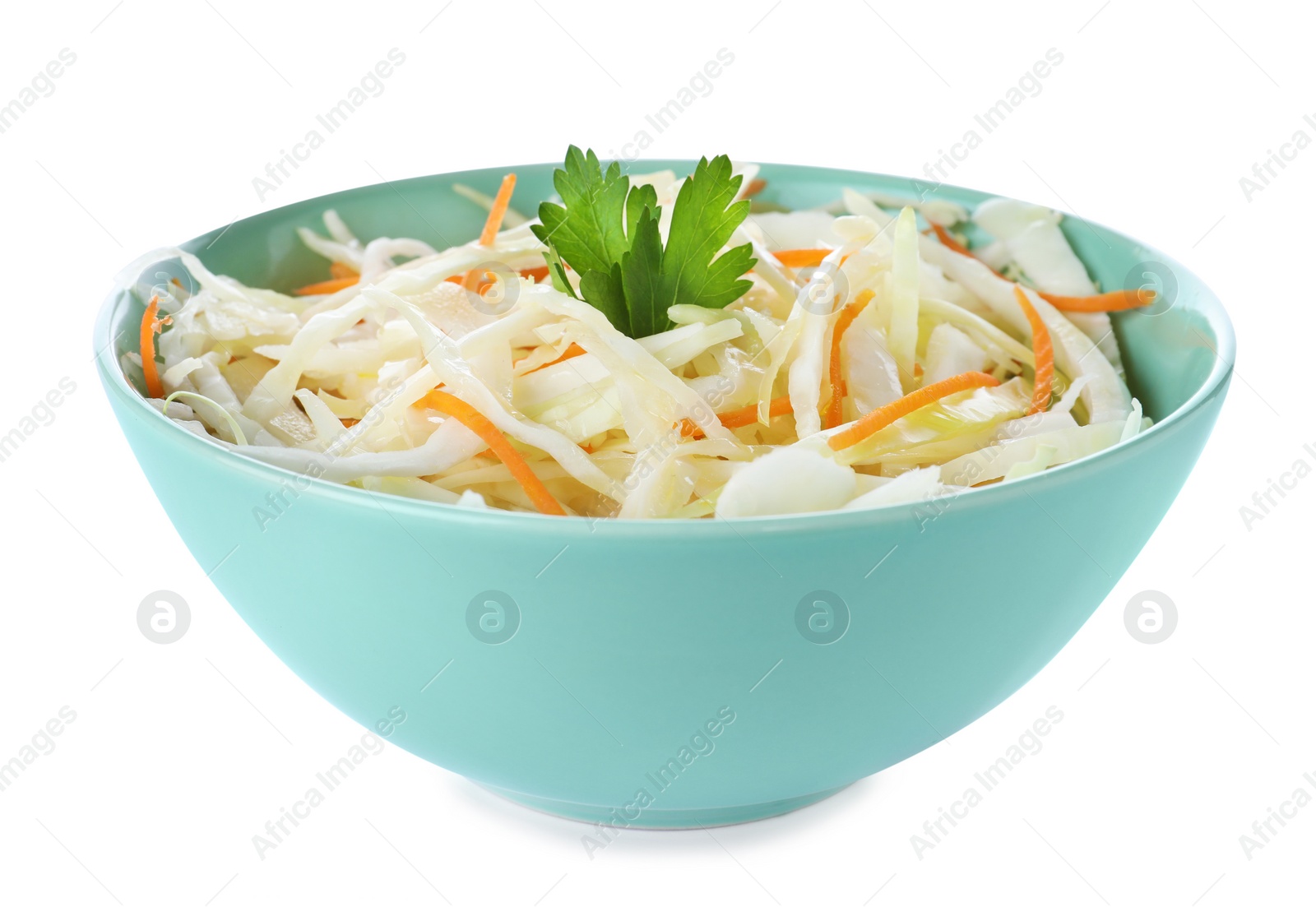 Photo of Tasty cabbage salad in bowl isolated on white