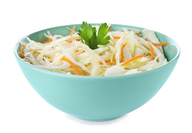 Photo of Tasty cabbage salad in bowl isolated on white