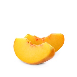 Photo of Slices of ripe peach on white background