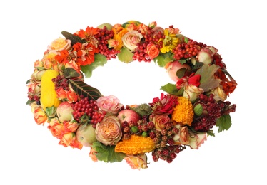 Photo of Beautiful autumnal wreath with flowers, berries and fruits isolated on white