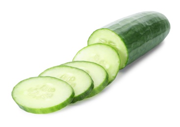 Photo of Fresh green sliced cucumber on white background