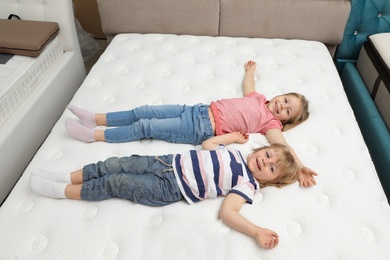 Photo of Cute little children lying on new orthopedic mattress in store