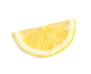 Photo of Slice of ripe lemon on white background, top view
