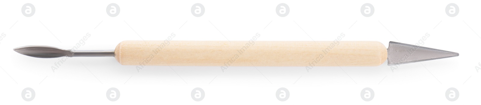 Photo of One wooden clay crafting tool isolated on white, top view