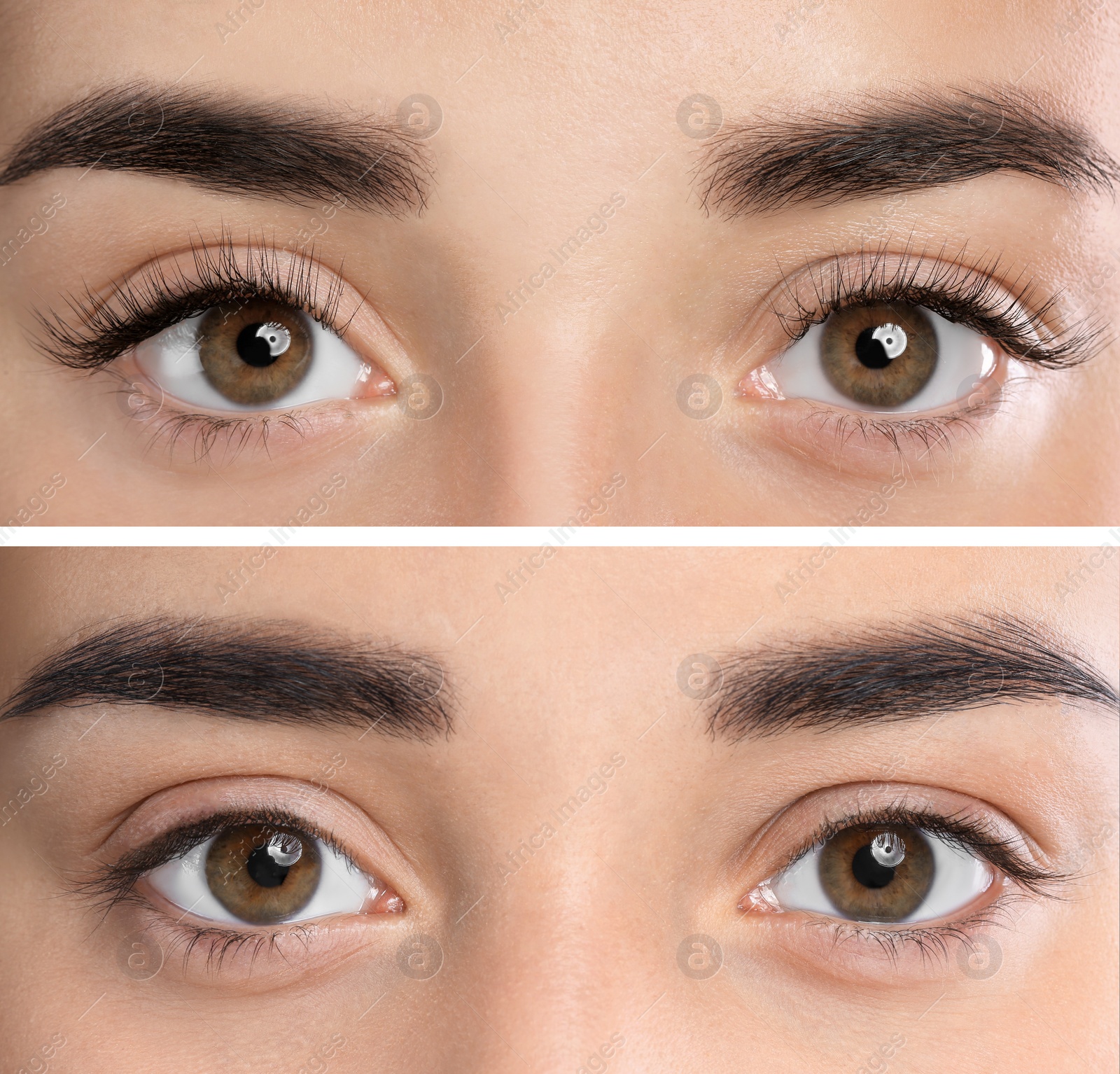 Image of Collage with photos of young woman before and after eyelash extension procedure, closeup