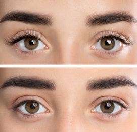 Image of Collage with photos of young woman before and after eyelash extension procedure, closeup