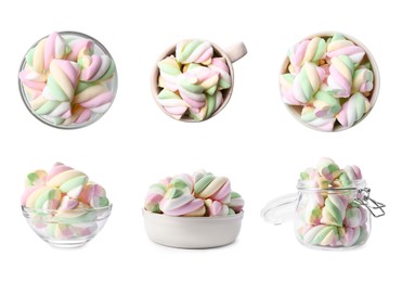 Set with tasty colorful marshmallows on white background