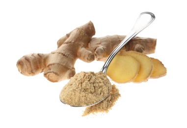 Photo of Dry ginger powder and fresh root isolated on white