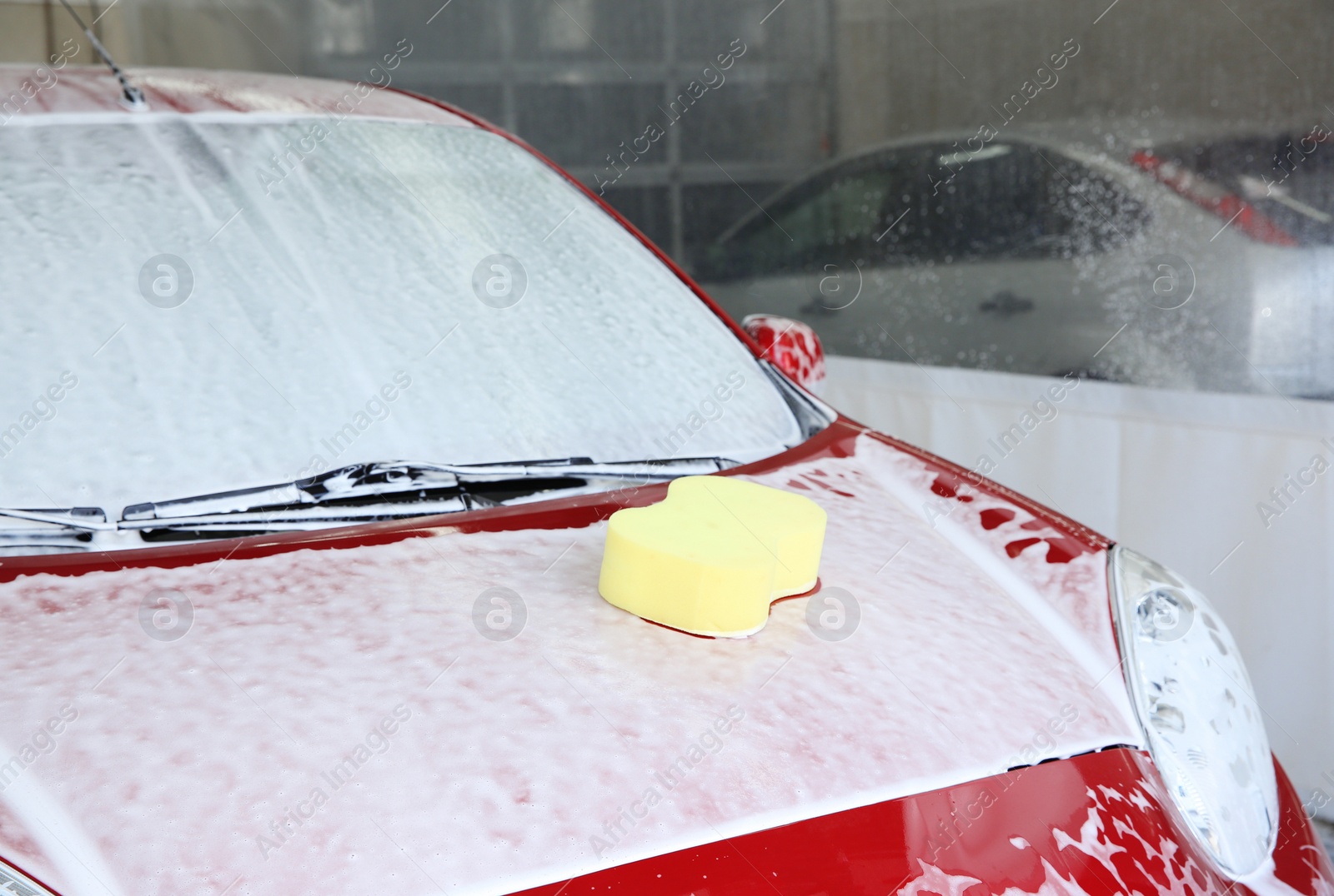 Photo of Automobile with sponge on its bonnet at car wash