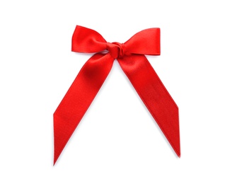 Red ribbon bow on white background, top view