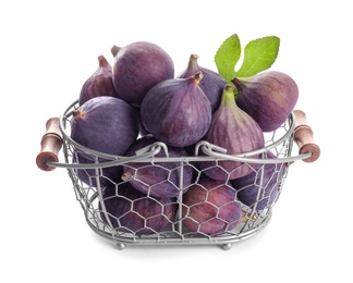 Photo of Basket with whole purple figs on white background