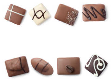 Image of Set with different chocolate candies on white background, top view