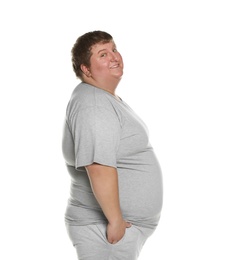 Portrait of overweight man posing on white background