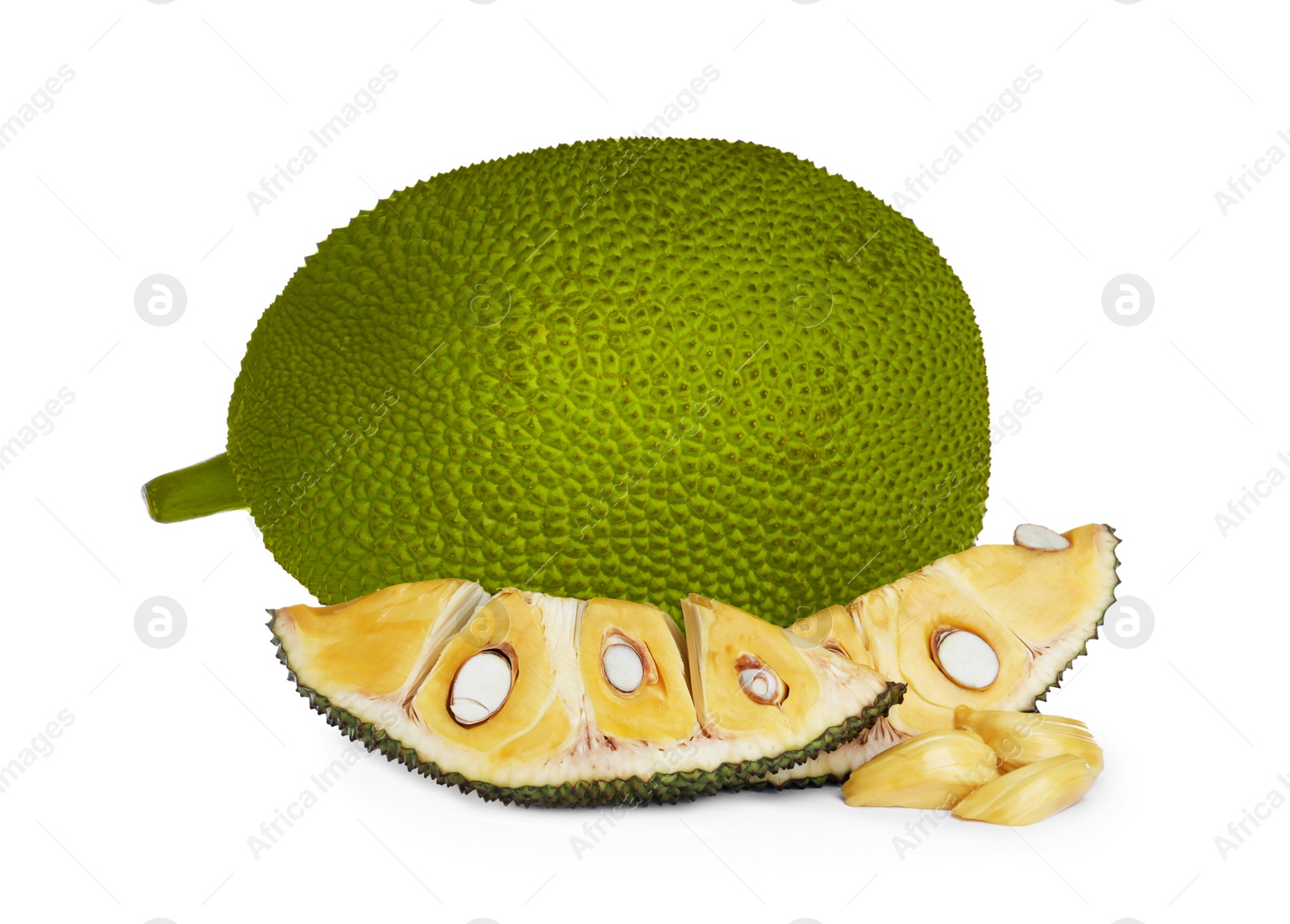 Photo of Delicious cut fresh exotic jackfruit with slices and bulbs on white background