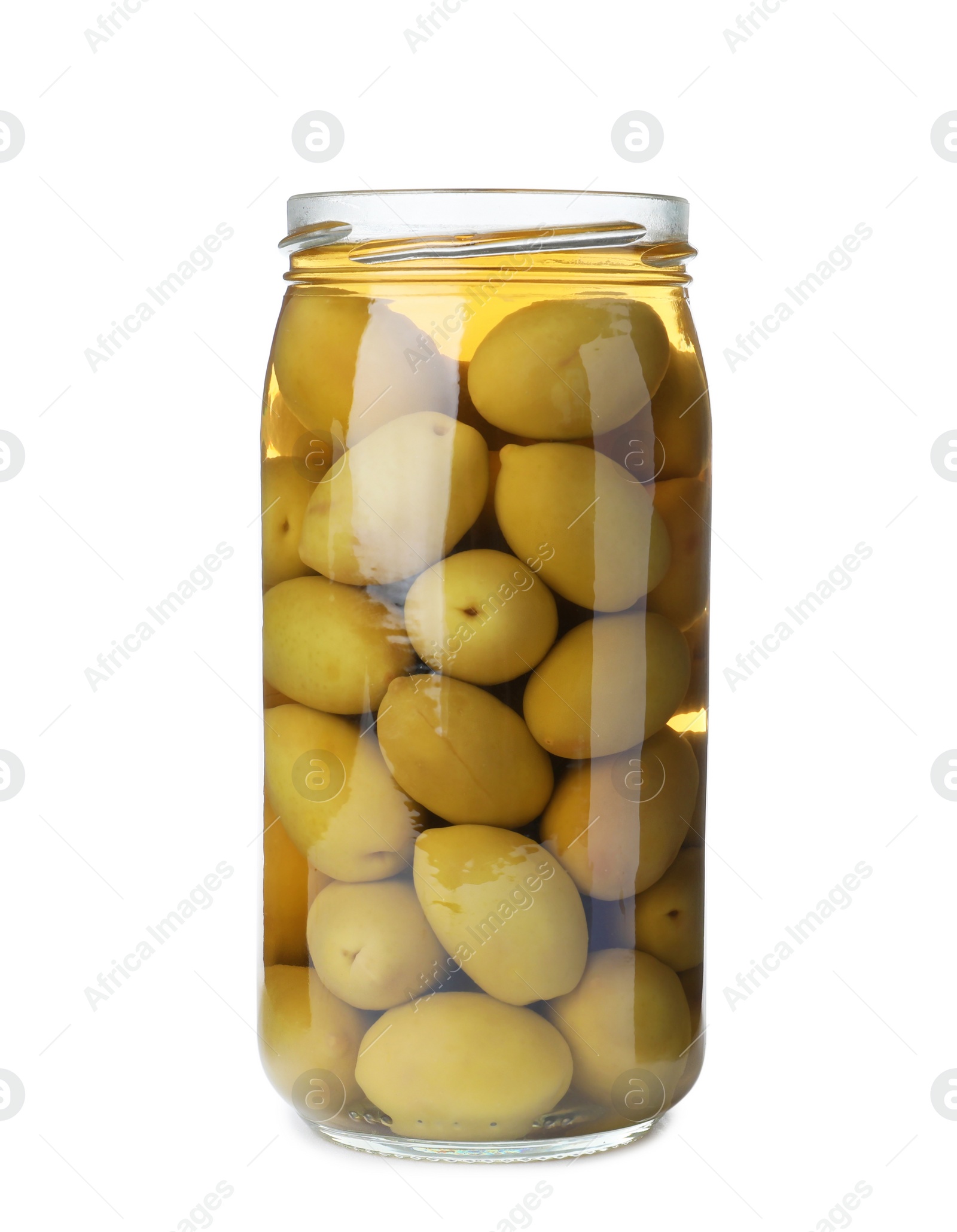 Photo of Jar with pickled olives on white background