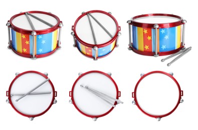 Image of Bright toy drum and sticks on white background, top and side views