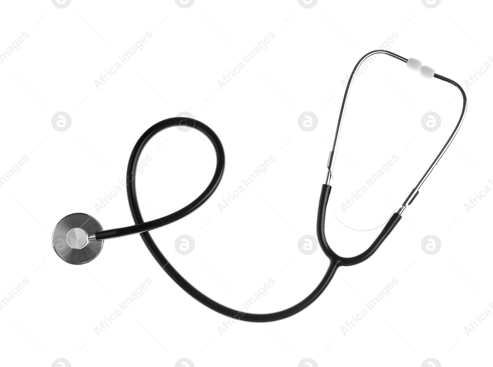 Photo of Stethoscope on white background, top view. Medical device