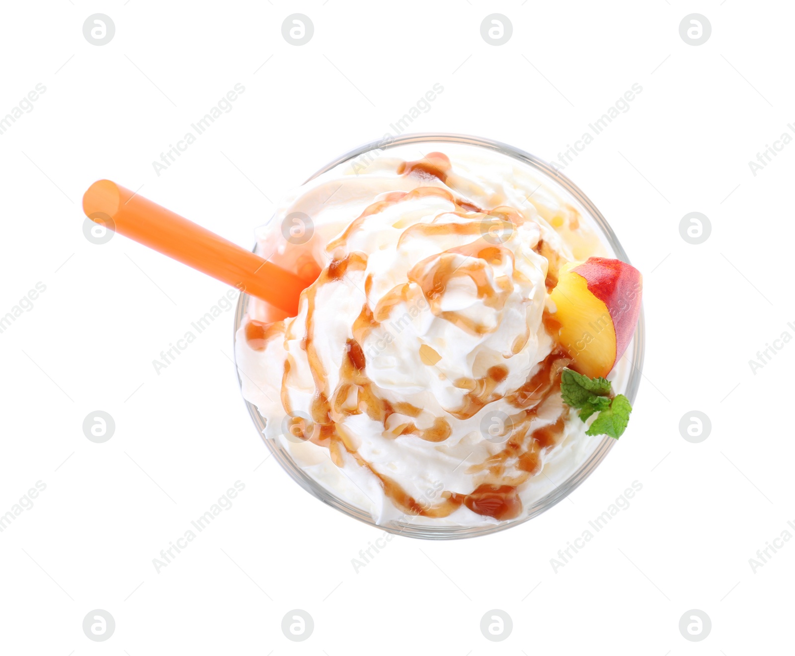 Photo of Glass of delicious milk shake with whipped cream on white background, top view