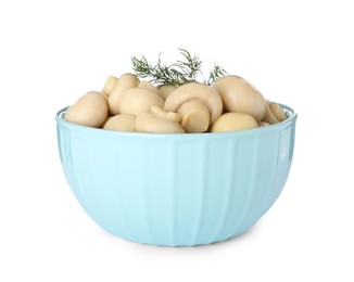 Photo of Tasty marinated mushrooms with dill in bowl isolated on white