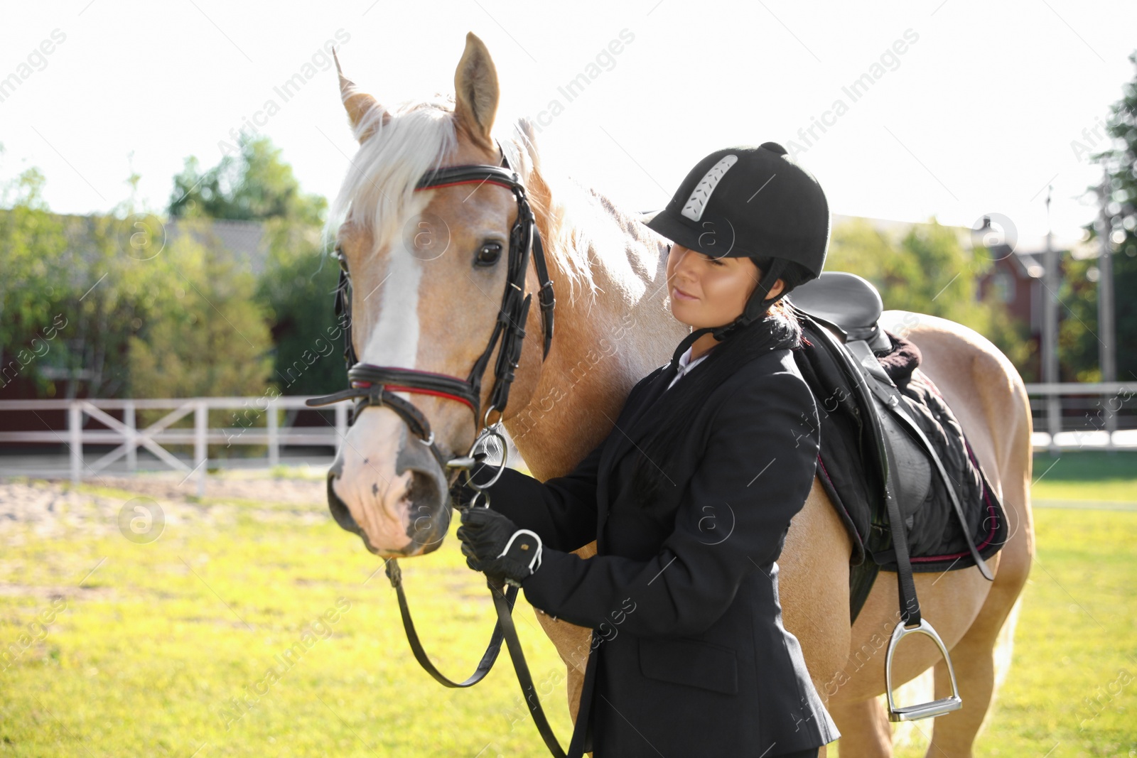 Photo of Young woman in horse riding suit and her beautiful pet outdoors on sunny day