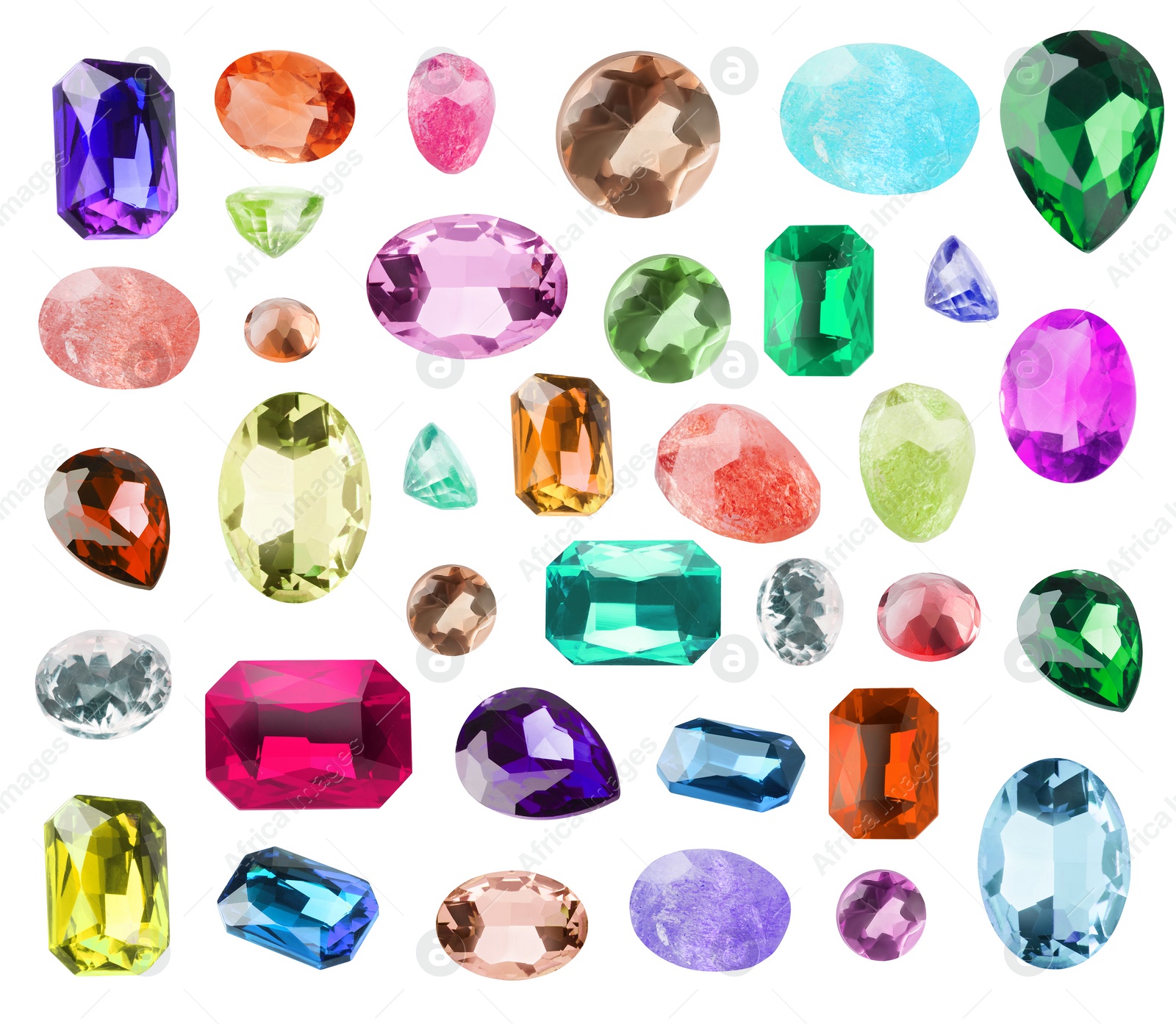 Image of Set of different shiny gemstones for jeweler isolated on white