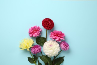 Photo of Beautiful dahlia flowers on light blue background, flat lay