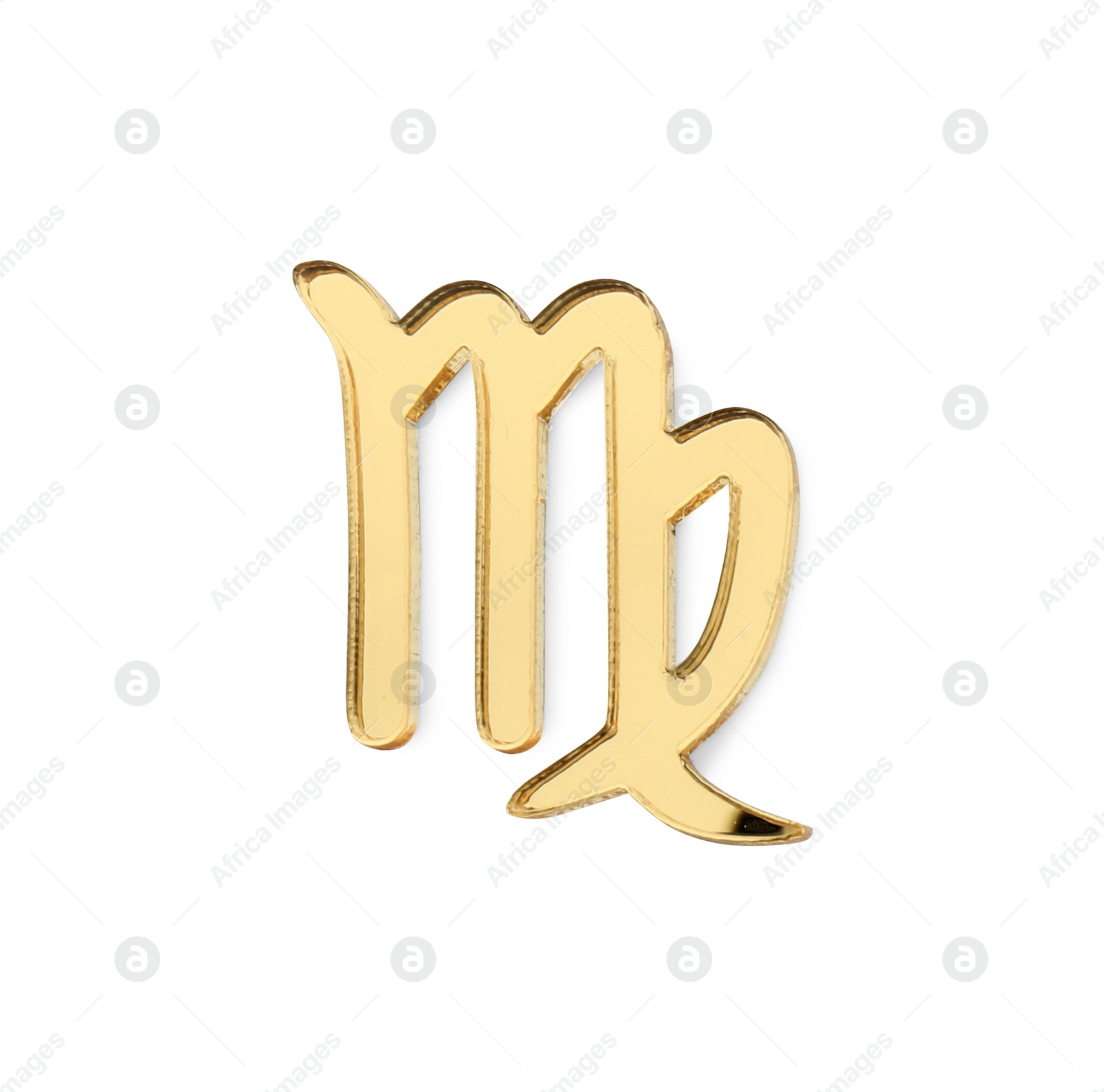 Photo of Zodiac sign. Golden Virgo symbol isolated on white, top view