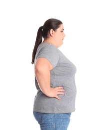 Photo of Overweight woman before weight loss on white background