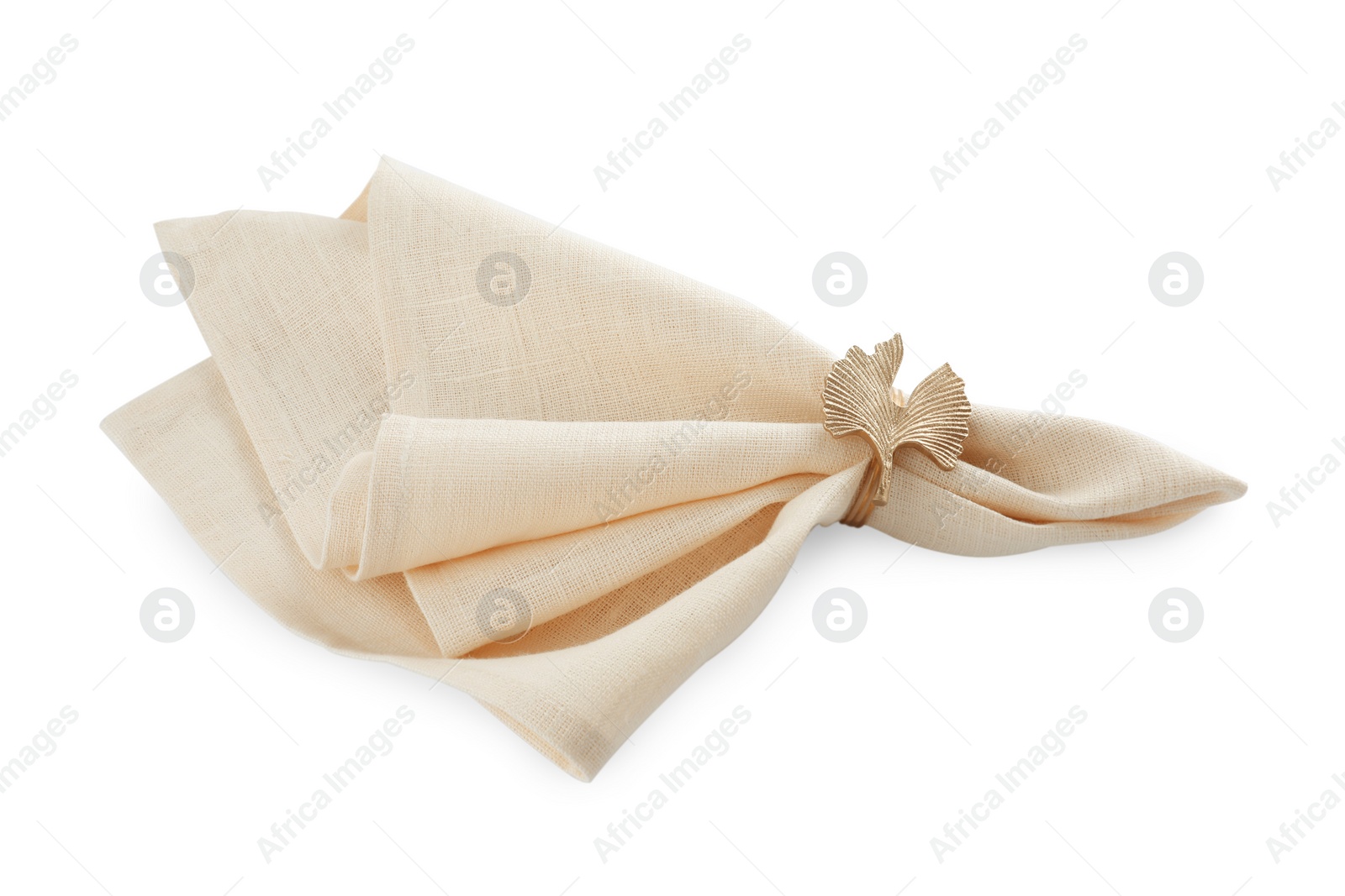 Photo of Fabric napkin with decorative ring for table setting on white background, top view