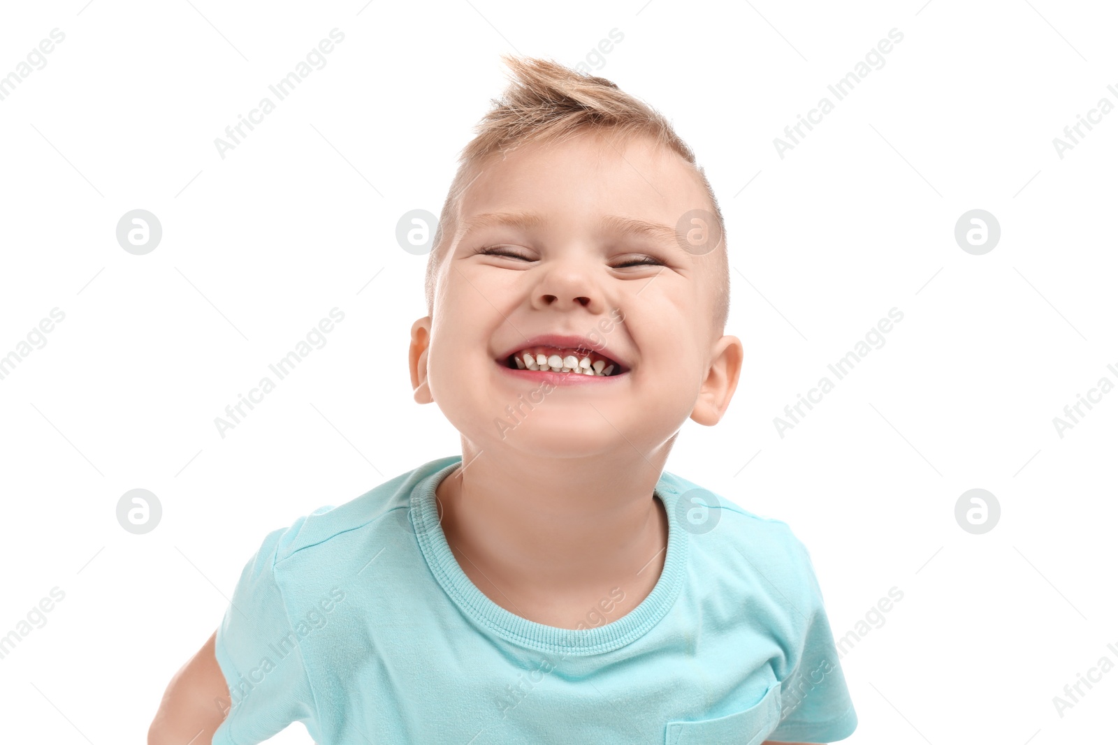 Photo of Cute little boy posing on white background