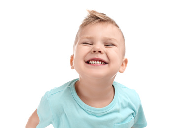 Photo of Cute little boy posing on white background