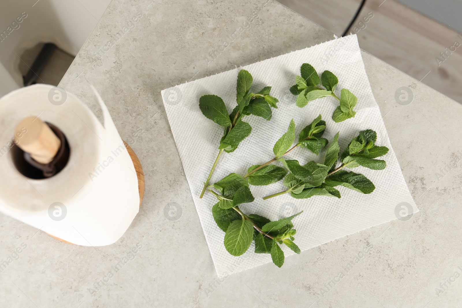 Photo of Mint drying on paper towel on light table indoors, top view