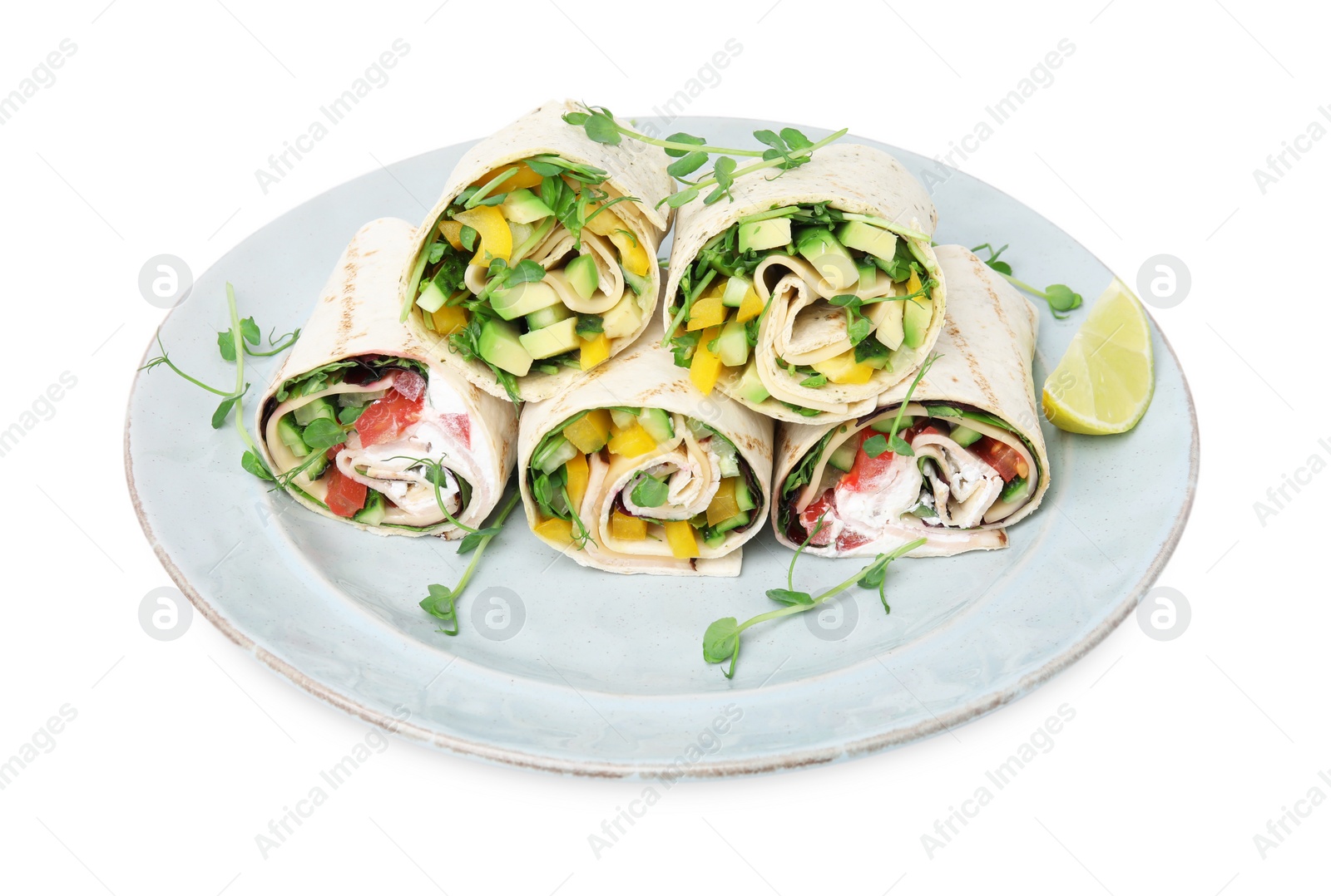 Photo of Delicious sandwich wraps with fresh vegetables and slice of lime isolated on white