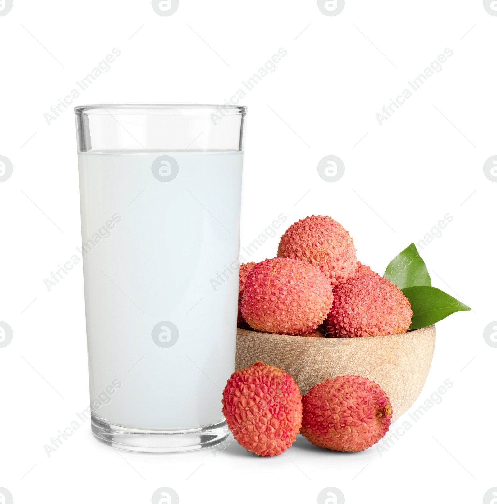 Photo of Lychee juice and fresh fruits on white background