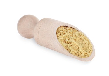 Photo of Wooden scoop with aromatic mustard powder on white background