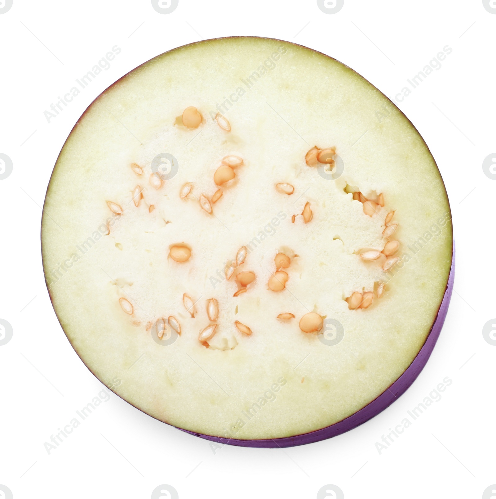 Photo of Slice of ripe eggplant isolated on white, top view