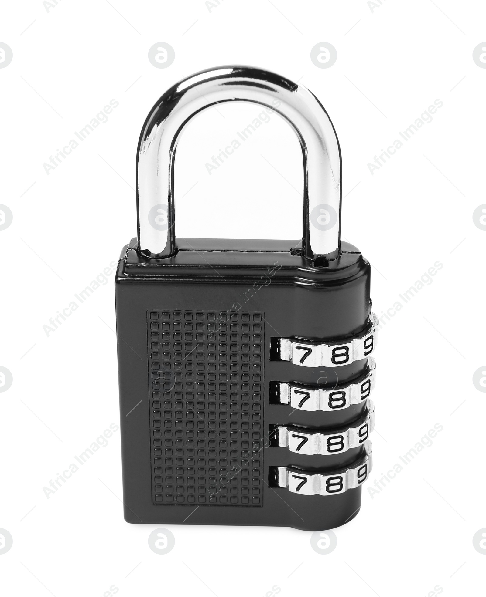 Photo of Locked steel combination padlock isolated on white