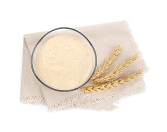 Photo of Leaven and ears of wheat isolated on white, top view