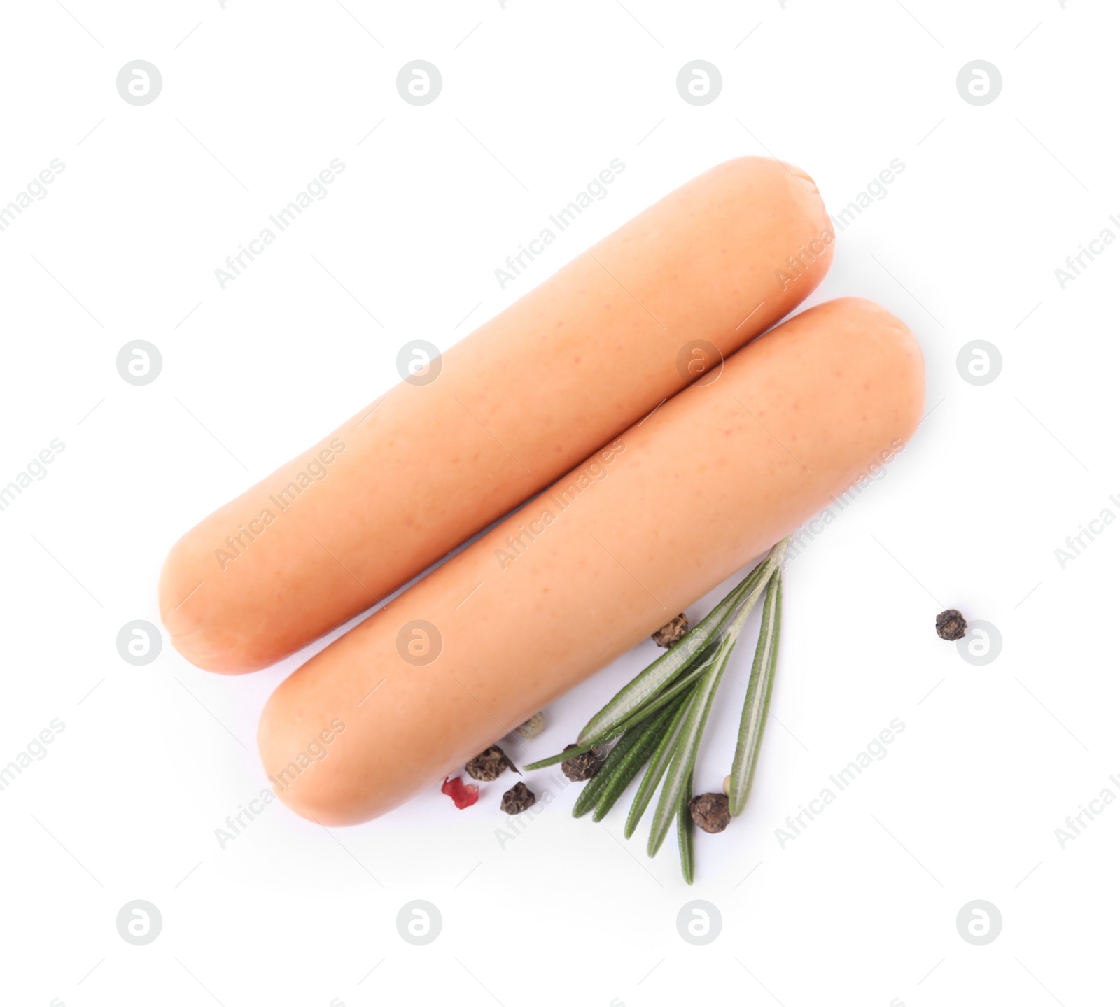 Photo of Tasty sausages on white background. Meat product