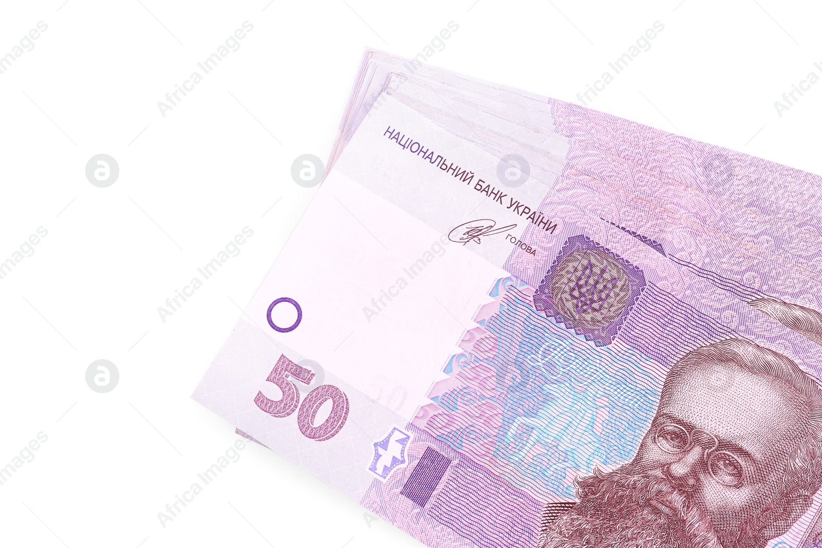 Photo of 50 Ukrainian Hryvnia banknotes on white background, top view