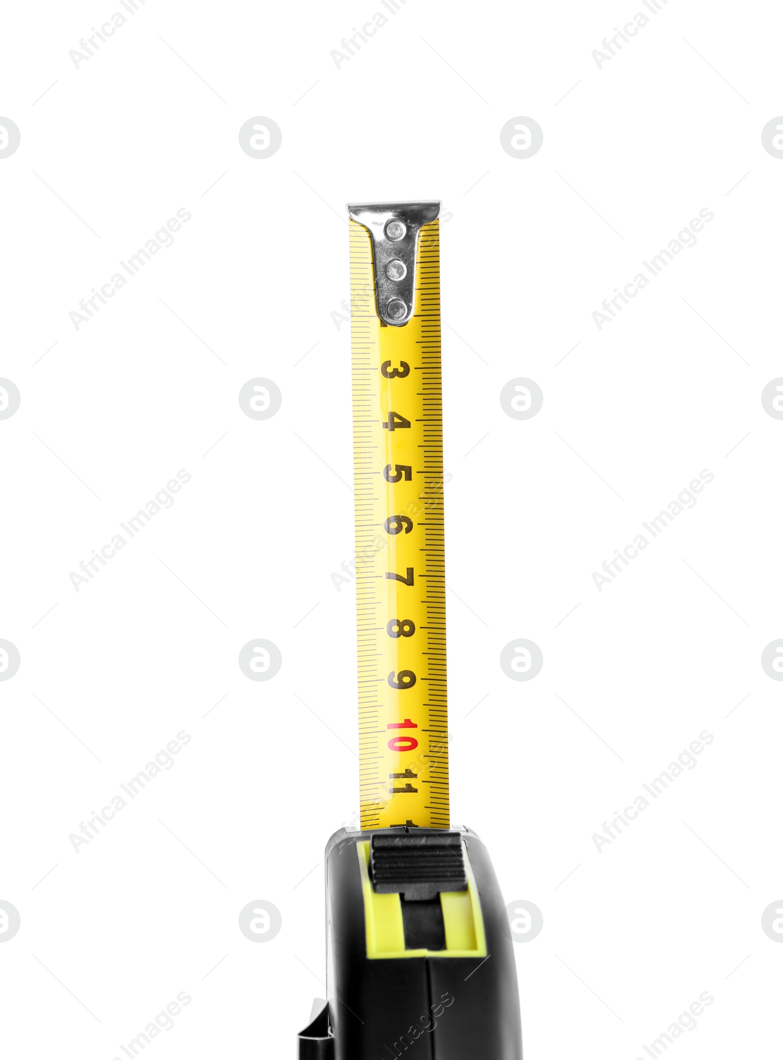 Photo of Yellow tape measure isolated on white, top view