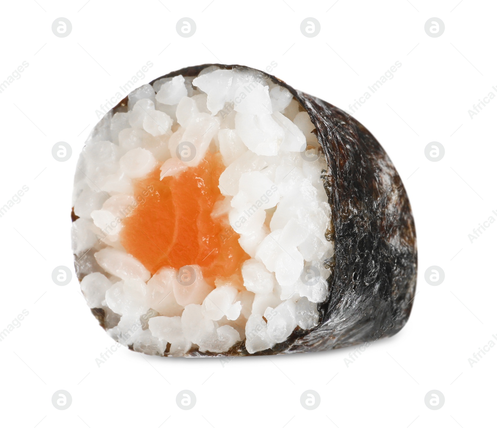 Photo of Delicious fresh sushi roll with salmon isolated on white