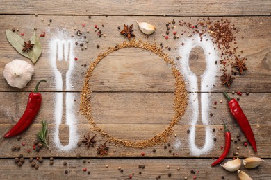 Beautiful flat lay composition with different spices, silhouettes of cutlery and plate on wooden background. Space for text